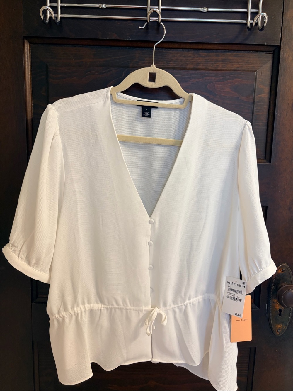 Halogen White V-Neck Button Front Blouse with Drawstring Waist